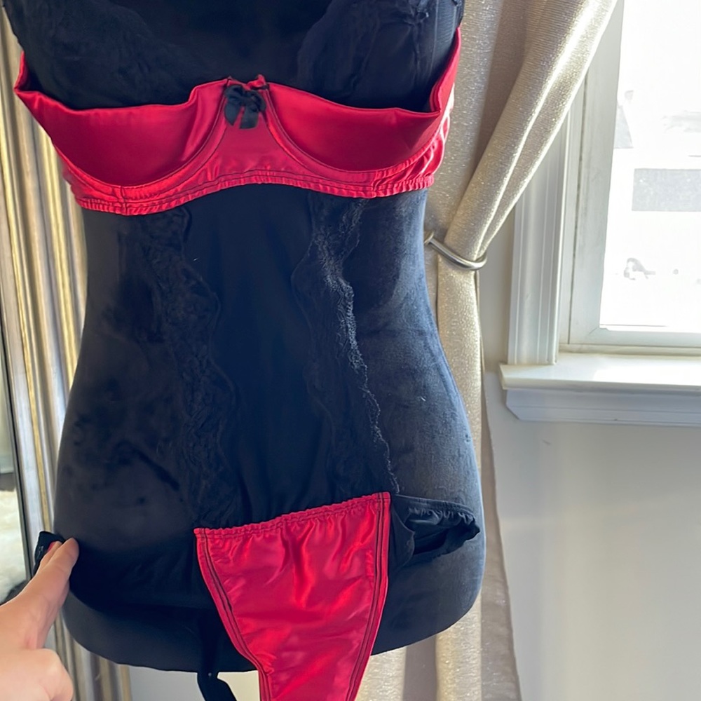 Red polyester and black sheer/lace bra/thong outfit